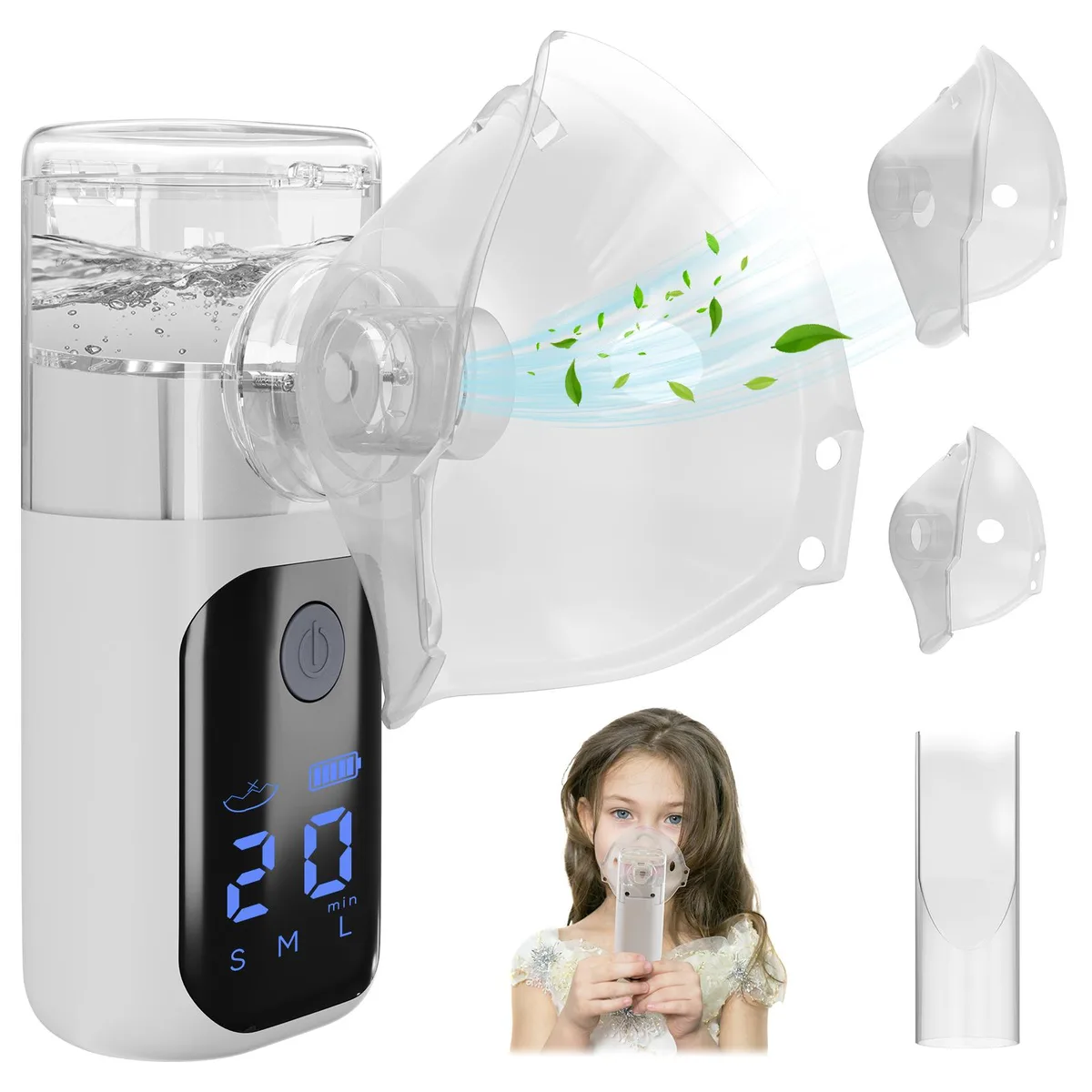 Black handheld nebulizer with LCD screen and USB-C port