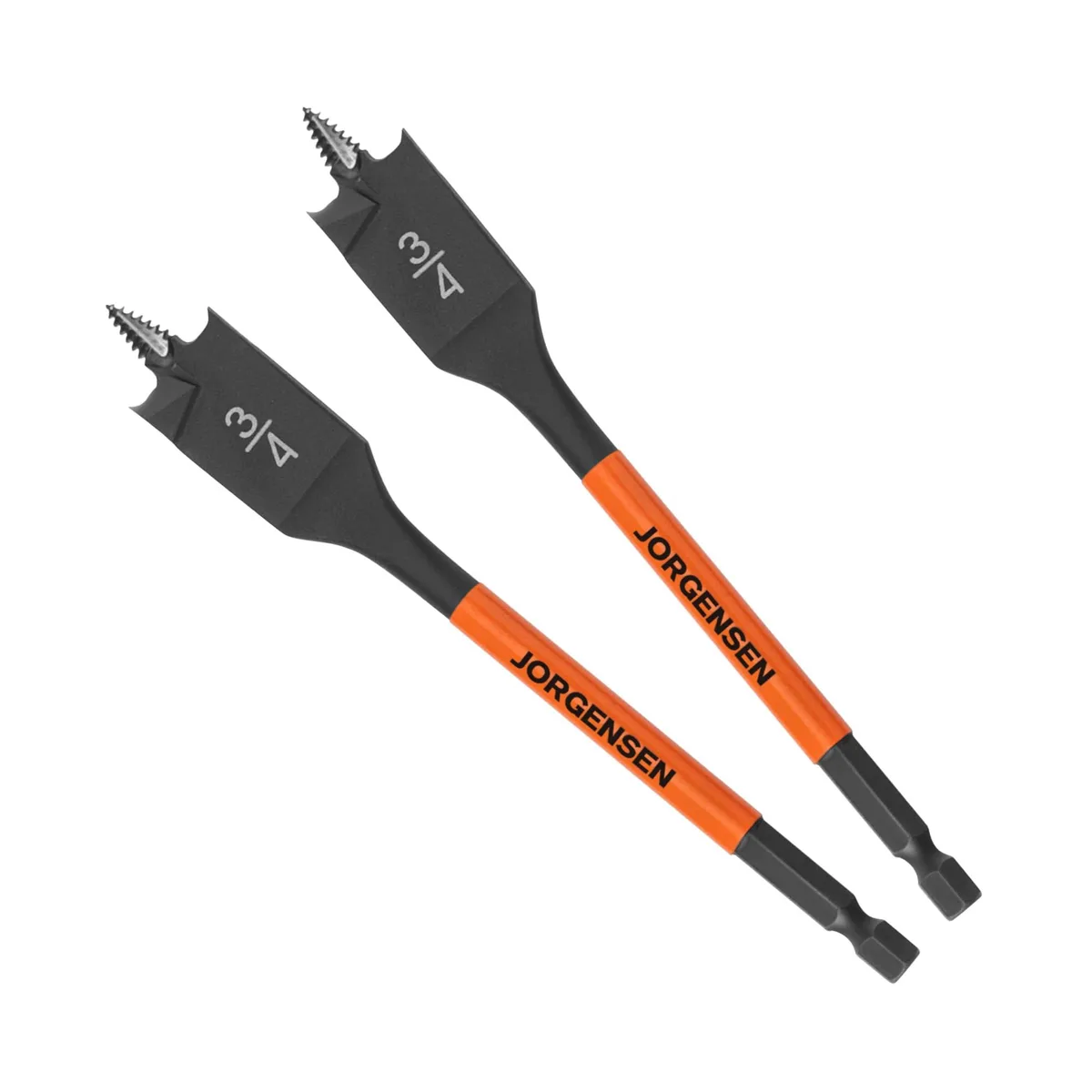 Two Jorgensen carbon-steel spade bits with threaded tips and hex shanks