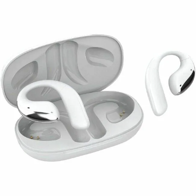 Open-ear earbuds in charging case with touch screen display