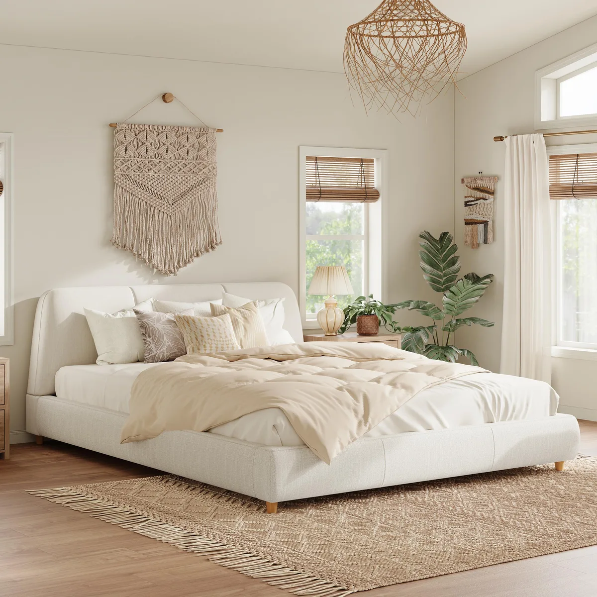White king-size upholstered bed frame with linen fabric headboard and solid wood legs