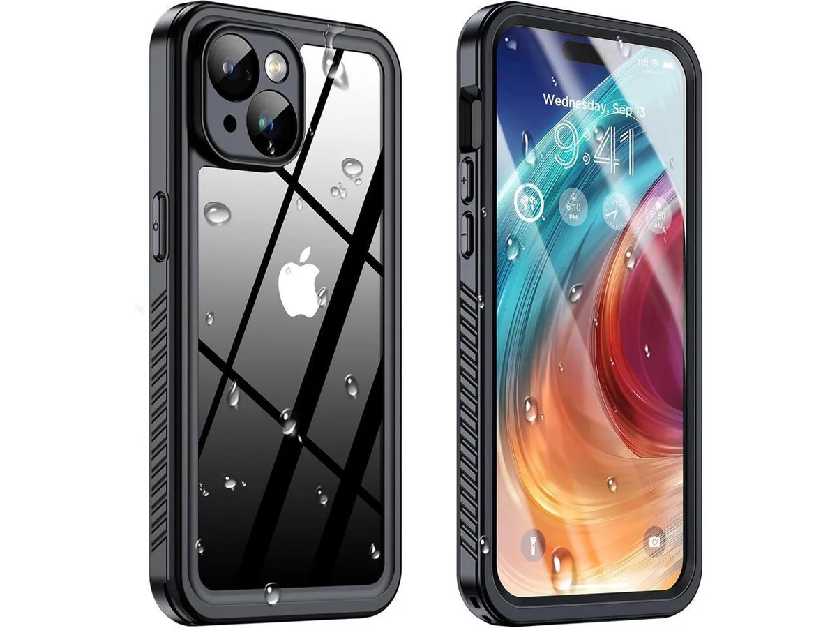 Black rugged waterproof case for iPhone 15 Plus with transparent back and built-in screen protector