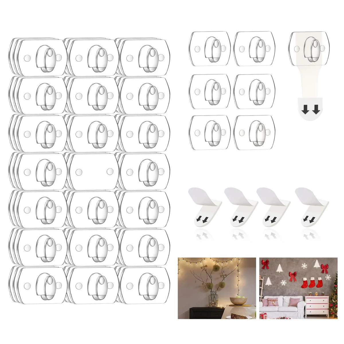 Clear mini clips and adhesive strips, 60 each, for lightweight indoor hanging