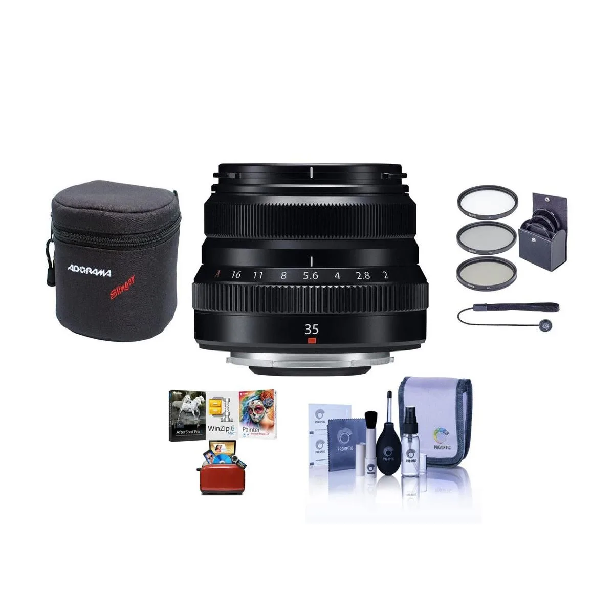 FUJIFILM FUJIFILM XF 35mm f/2 R WR Lens Black Bundle Filter Kit Case Cleaning Tether Software — product photo