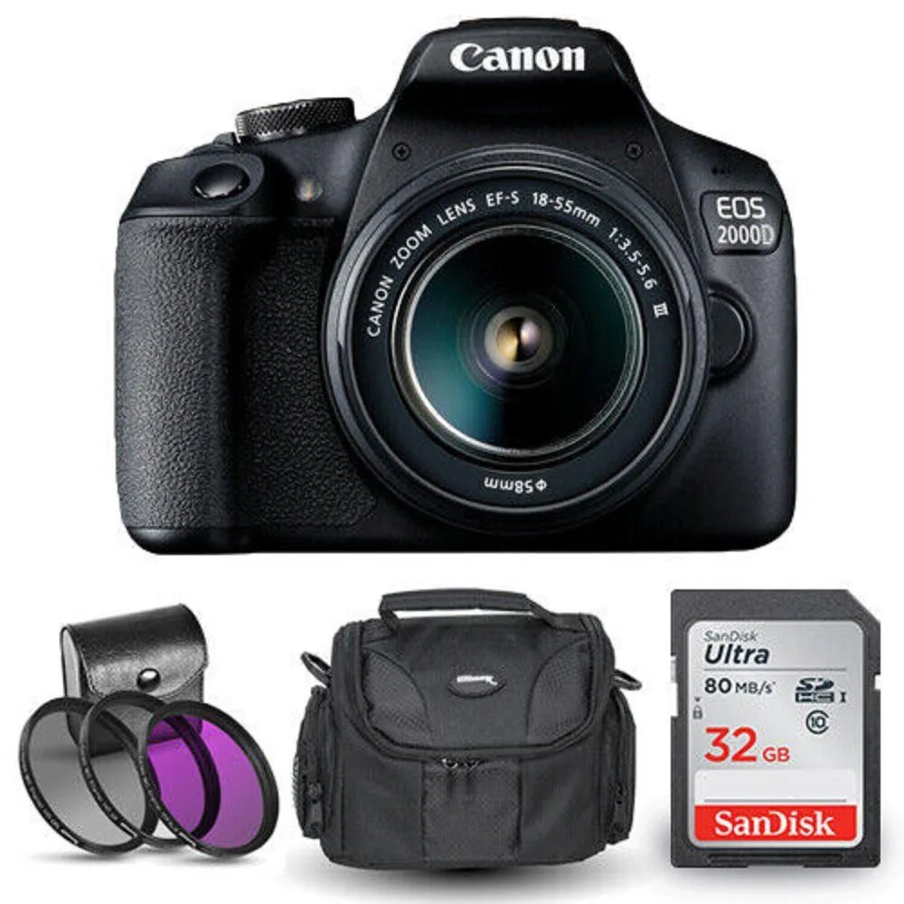 Canon International Canon EOS 2000D / Rebel T7 18-55mm III 32GB SD Gadget Bag Filter Kit dslr camera — product photo