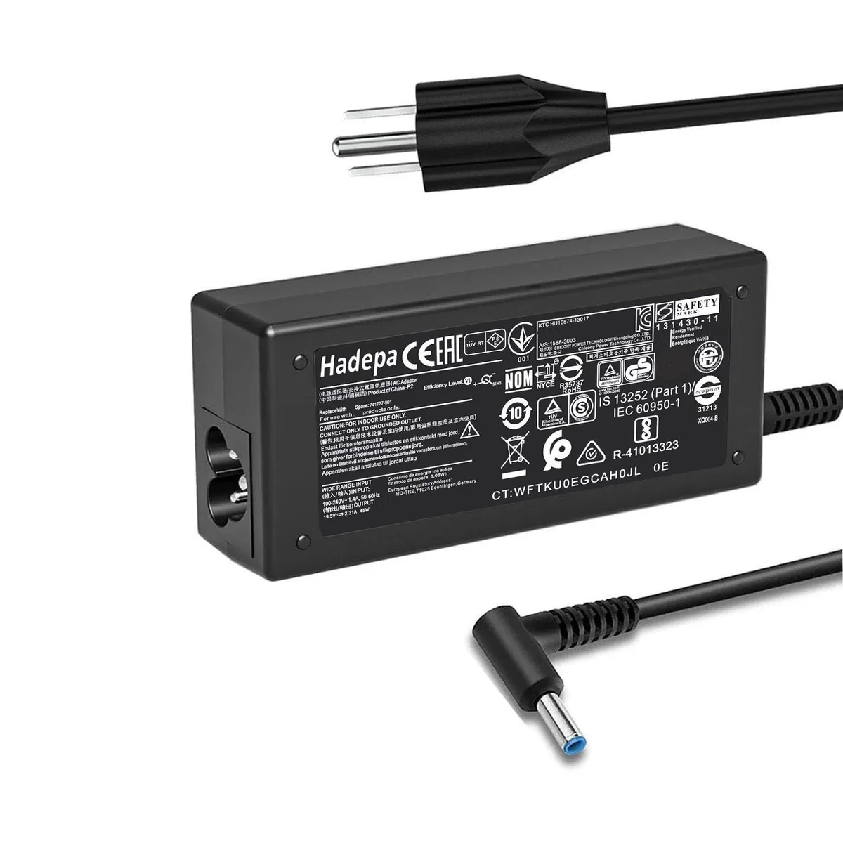 Compact black AC adapter with blue-tip barrel connector and two-pin mains plug