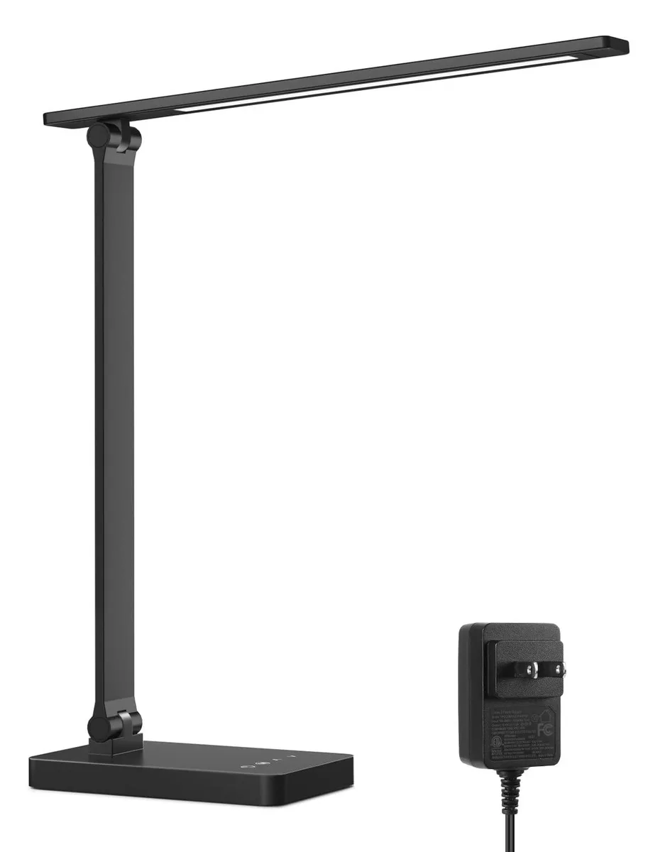 Black matte metal desk lamp with adjustable round head and touch controls
