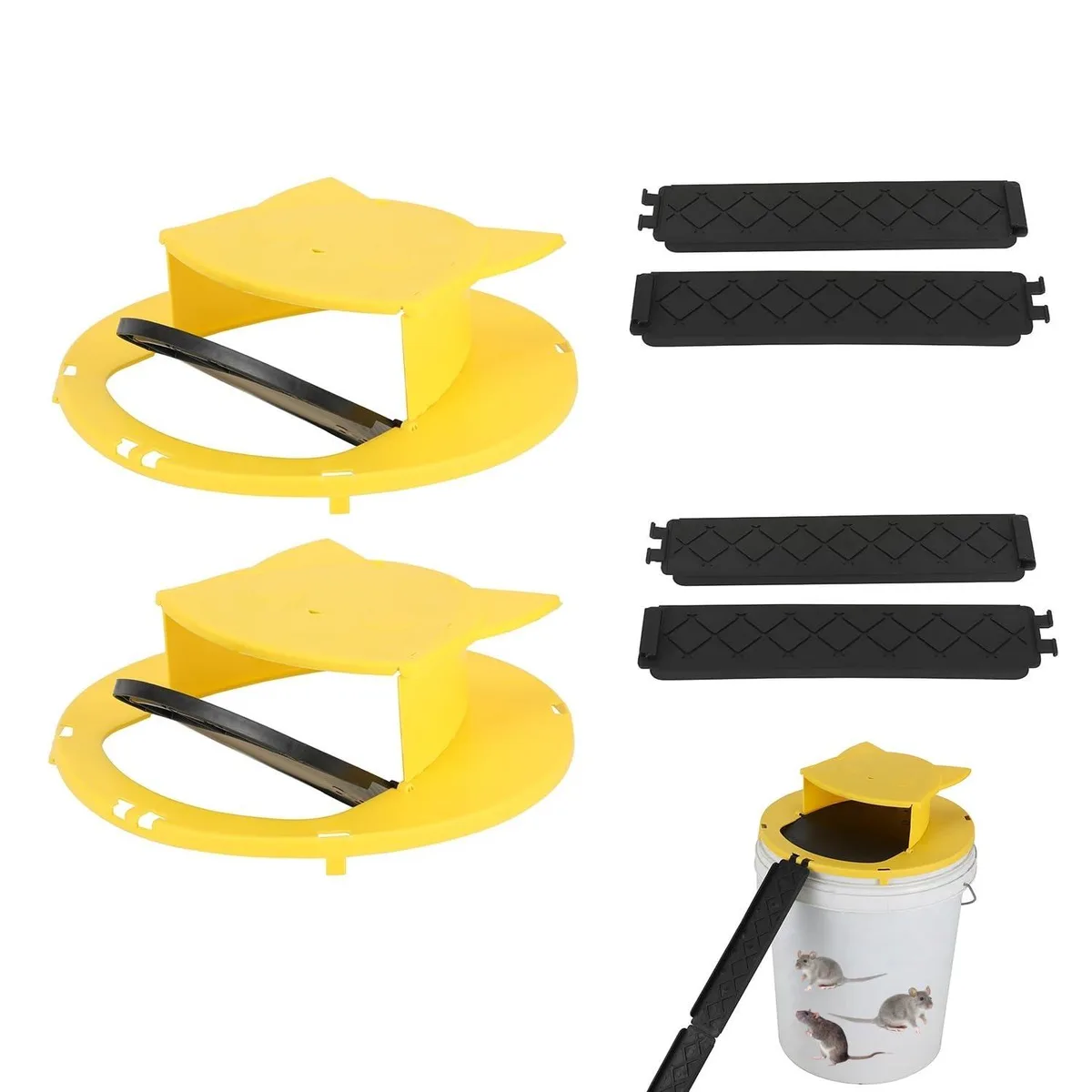 Two plastic bucket-lid mouse traps with rolling auto-reset mechanism, light grey finish