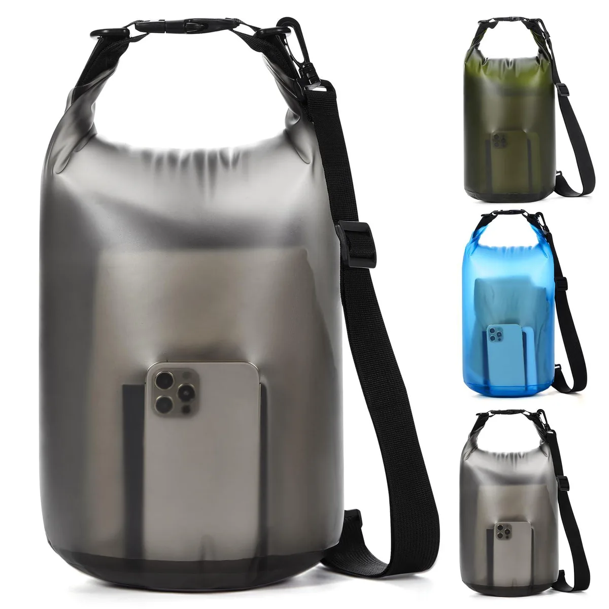Black cylindrical dry bag with roll-top closure and transparent window, single shoulder strap attached