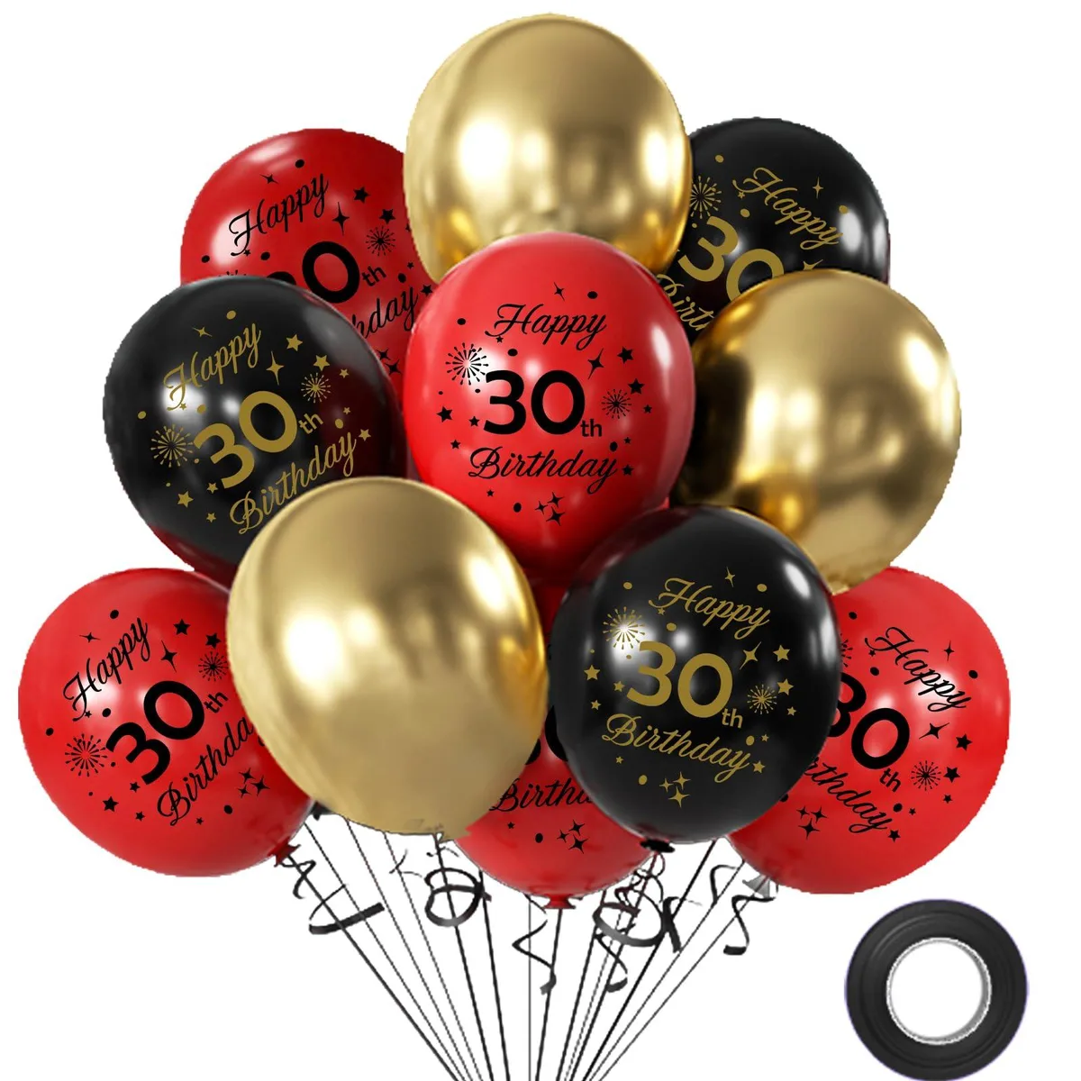  FUNCANDLE 30th Birthday Balloons 12pcs Red/Black Gold Confetti Latex — product photo