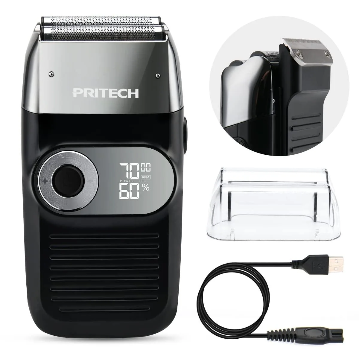 Black and silver foil shaver with pop-up trimmer, compact handheld shape