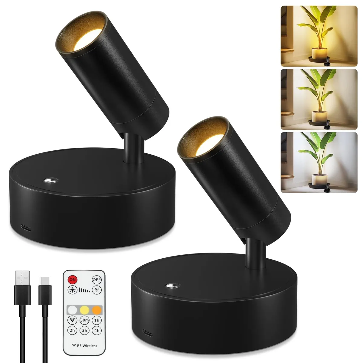Two white LED spotlights with clear prismatic glass, magnetic bases and remote control