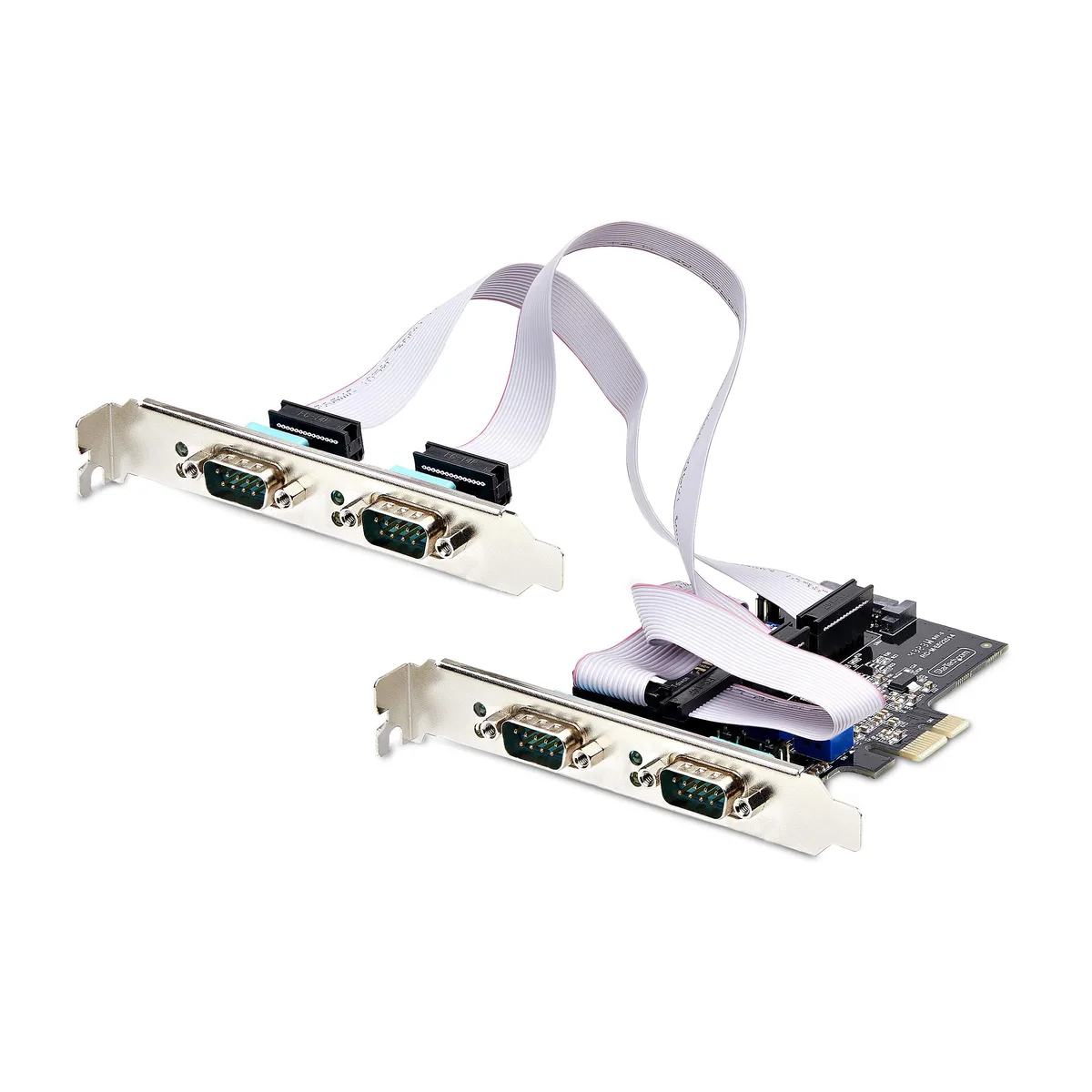 Green rectangular PCIe card with four DB9 ports and two brackets