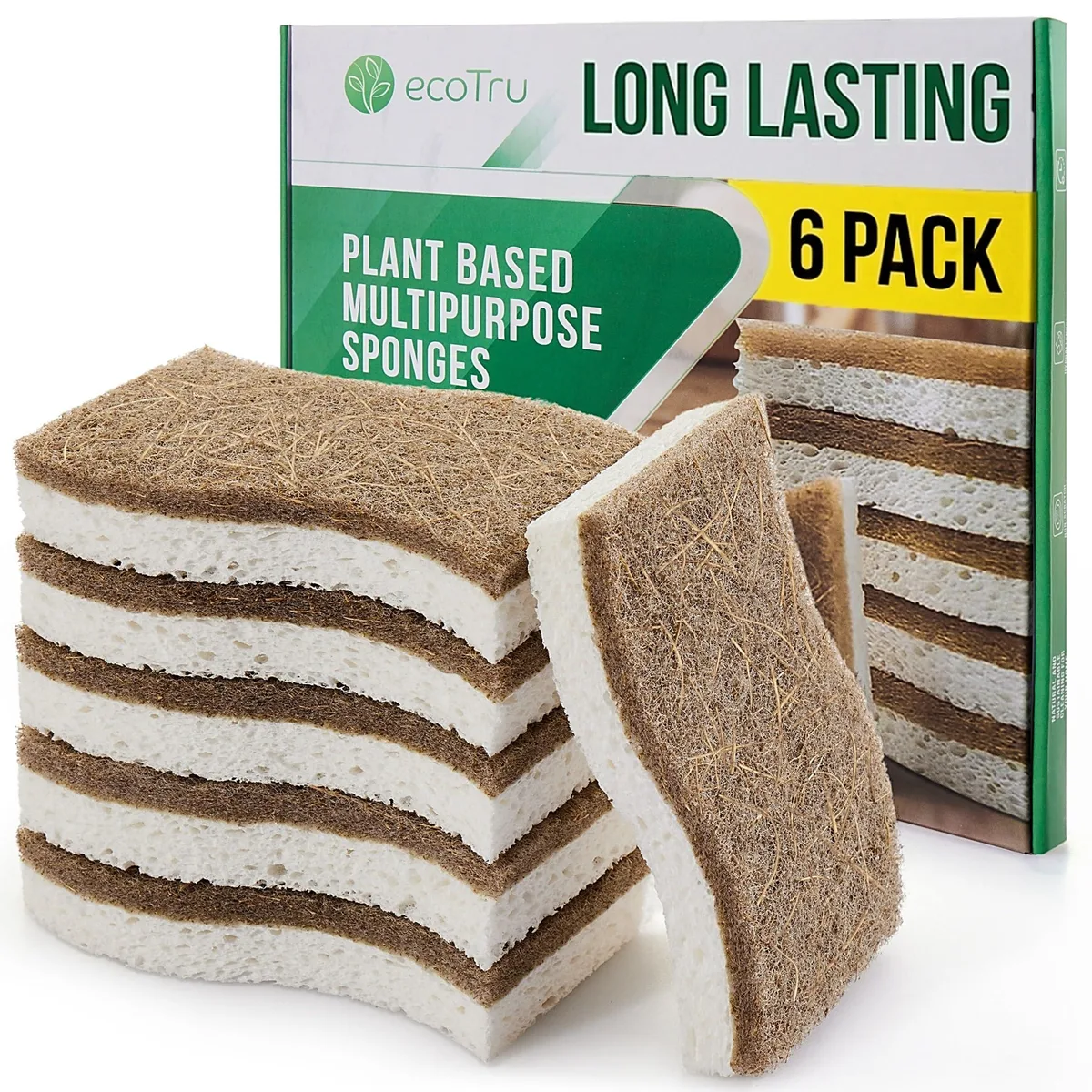 Six white S-shaped cellulose and coconut scrubber sponges in a pack