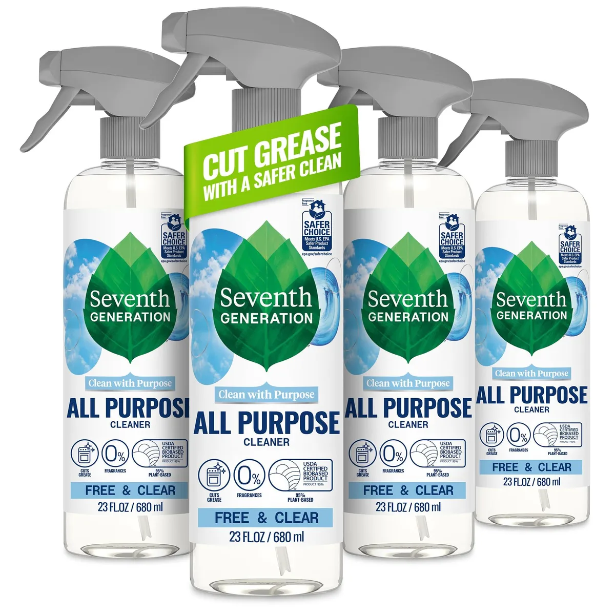 Four white 23 oz spray bottles in a pack