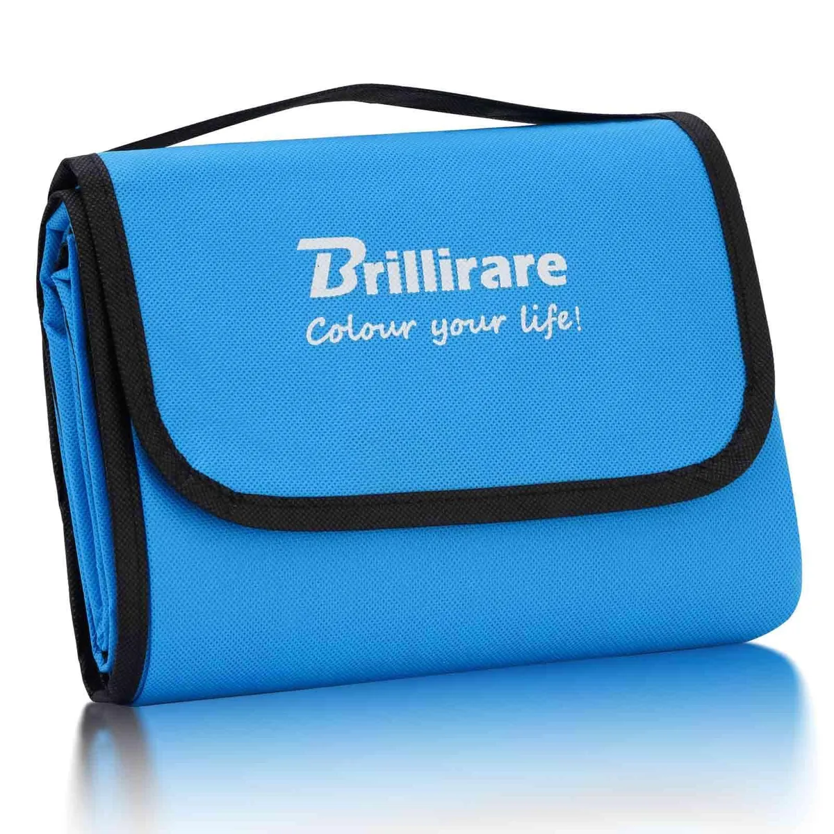 Blue rectangular outdoor blanket 55x32in folded to 7x9in lightweight polyester PVC backing