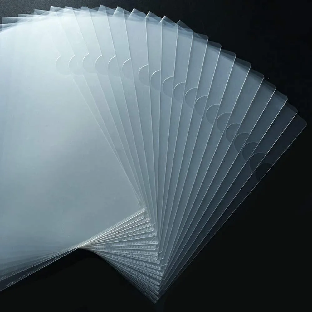 Thirty clear plastic L-type file folders stacked, A4 Letter size, semi-circular side opening visible