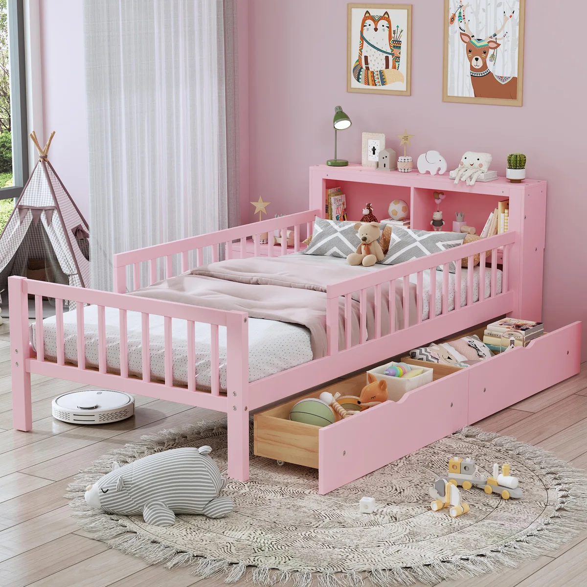 Pink wooden twin bed with headboard storage, two drawers, three-side guardrails