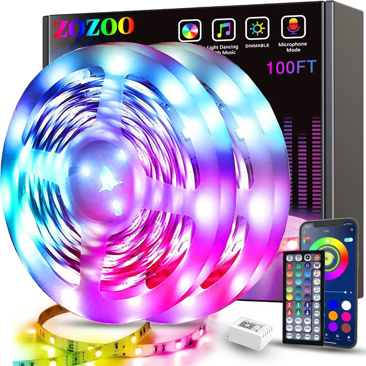 White LED strip light kit on a spool, 100 ft total length, clear prismatic finish