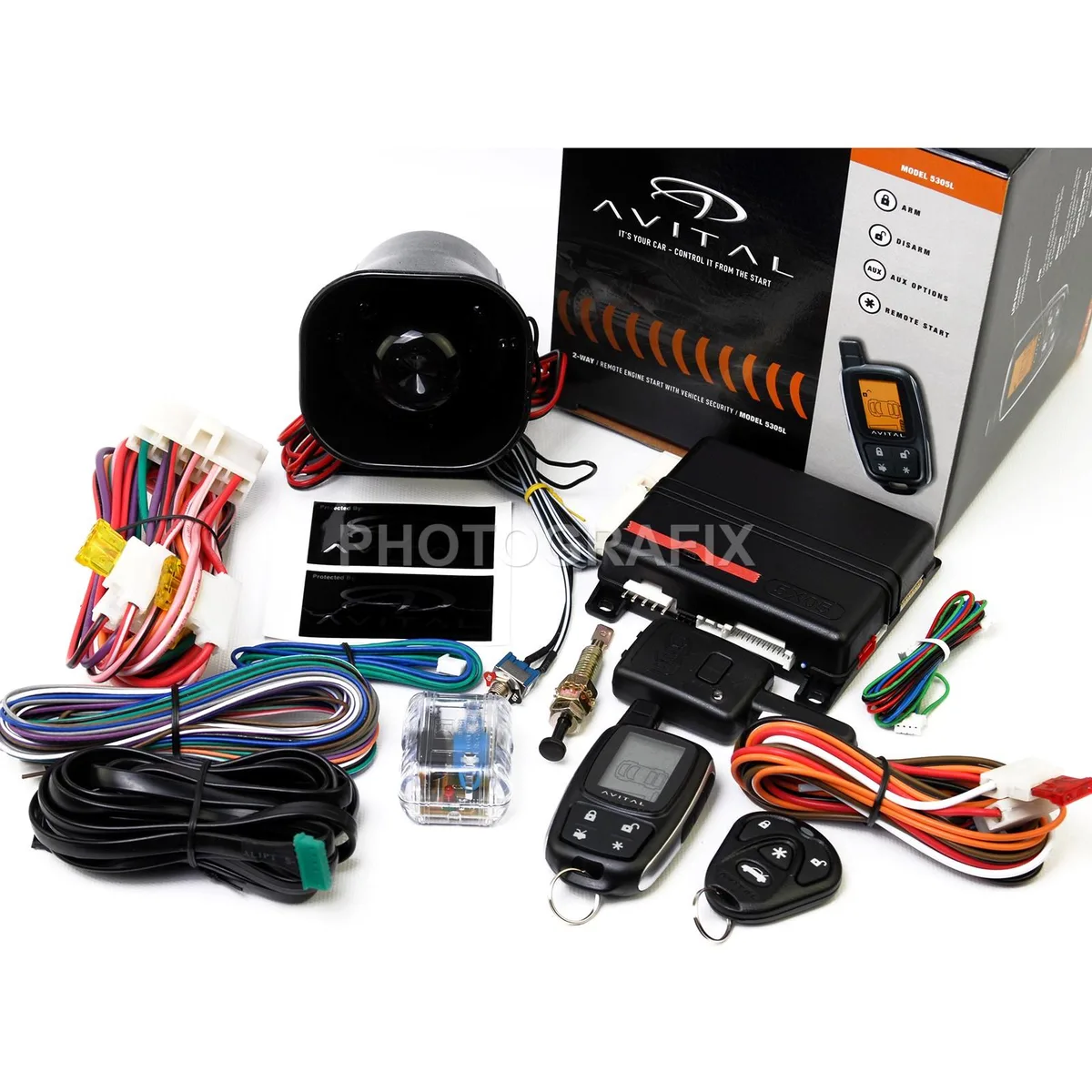 Boxed Avital 5305L security and remote-start kit with two remotes