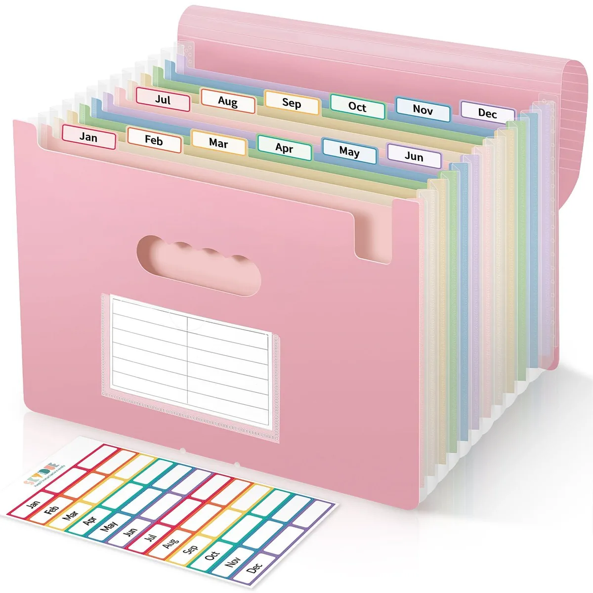 Pink polypropylene 13-pocket accordion file folder with elastic closure
