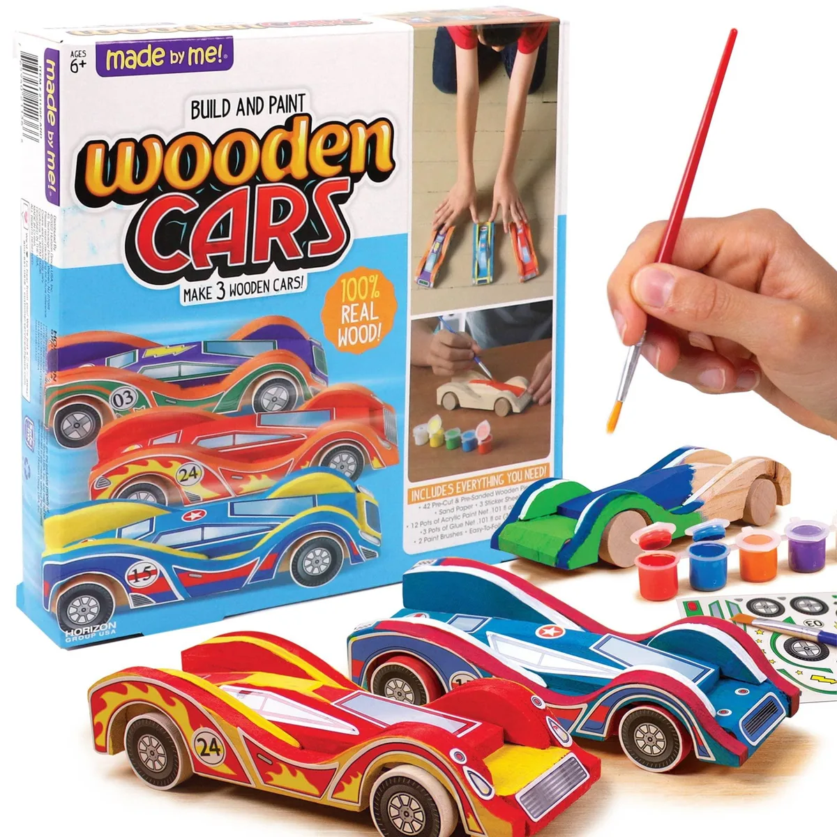  Made By Me Build &amp; Paint Wooden Cars Kit 42 Pieces 12 Paints — product photo