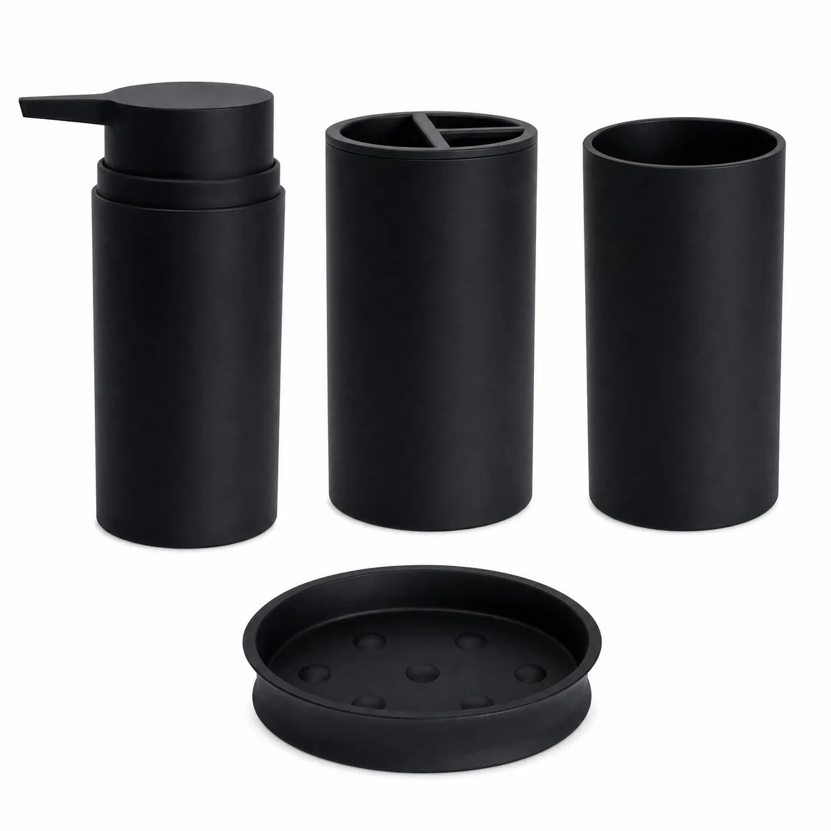 Four-piece matte black plastic bathroom set: dispenser, toothbrush holder, tumbler, soap dish