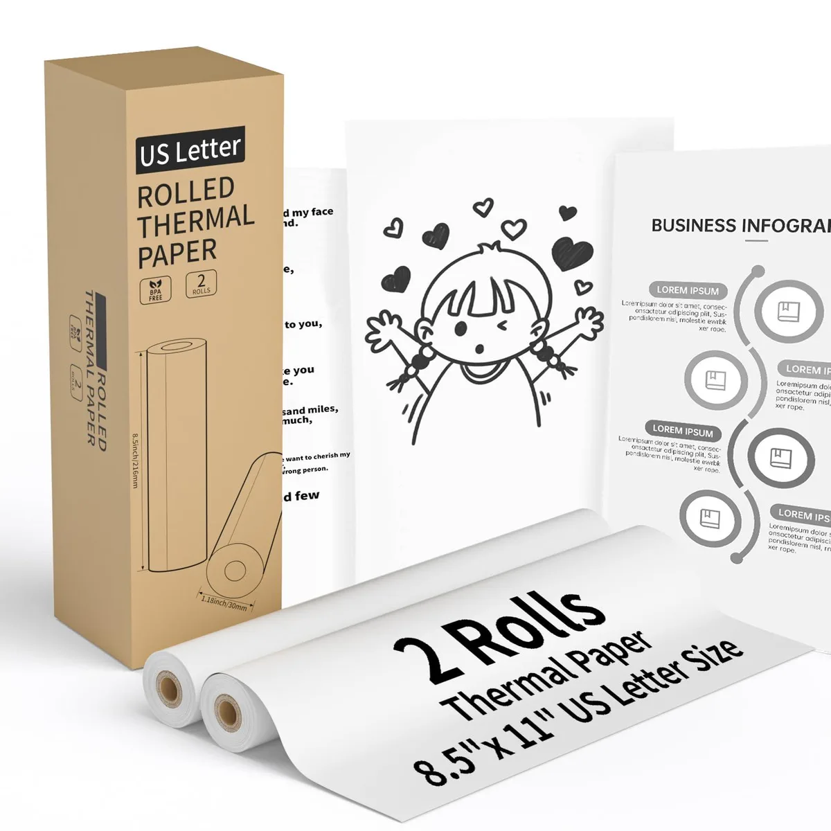 Two white rolls of uncoated thermal printer paper 8.5 x 11 inches
