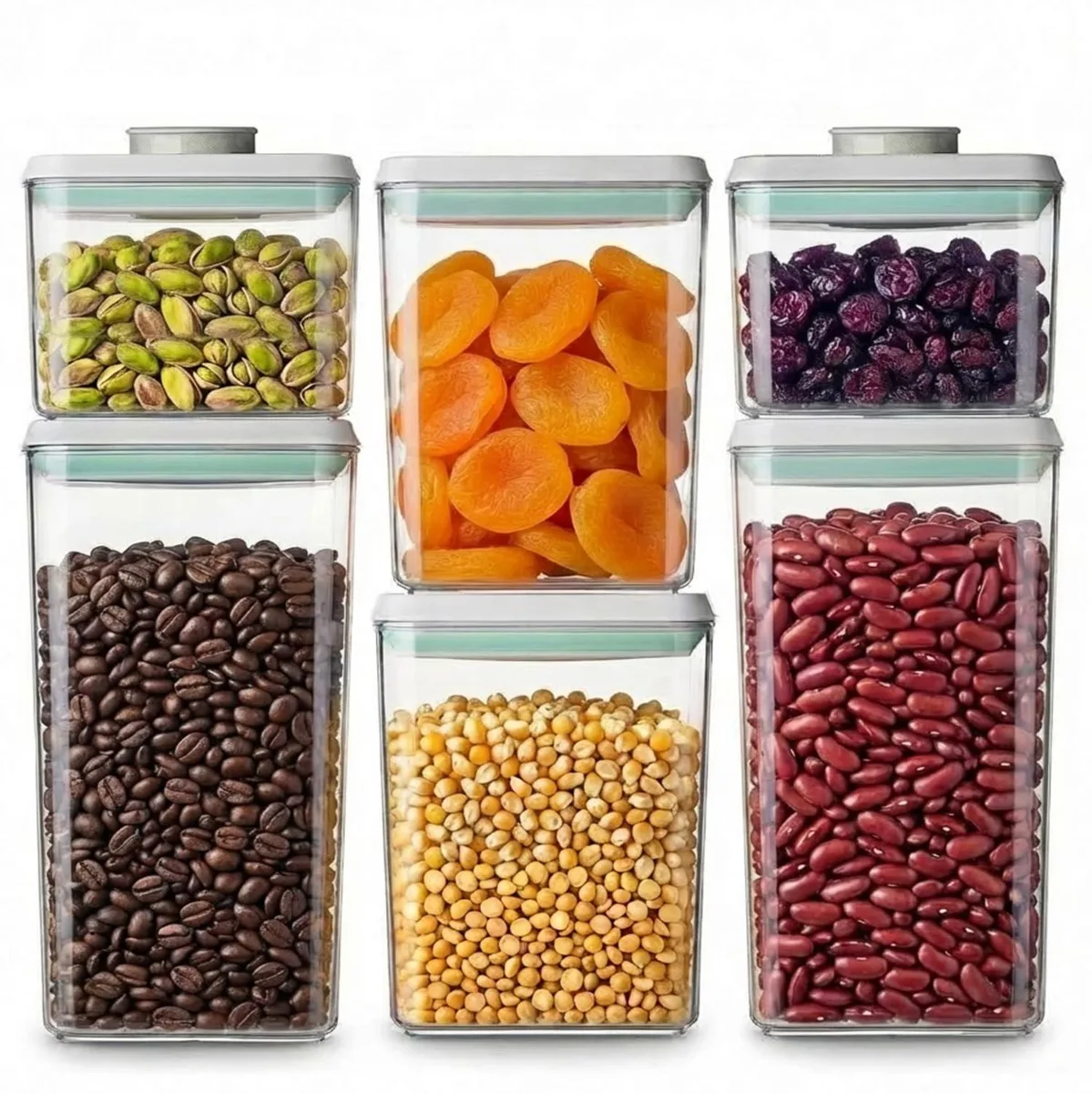 Six red airtight food containers with pop-up button lids, stacked together