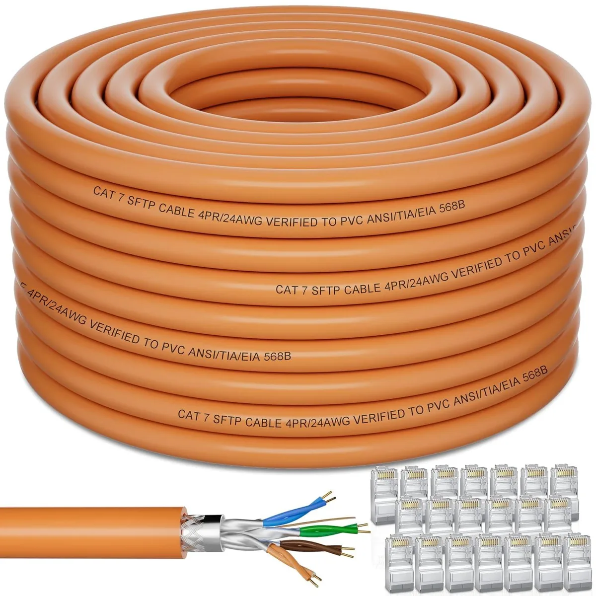 BFKK BFKK Cat 7 Outdoor Ethernet Cable 328ft SFTP Triple Shielded 24AWG 600MHz 10Gbps 20 RJ45 — product photo