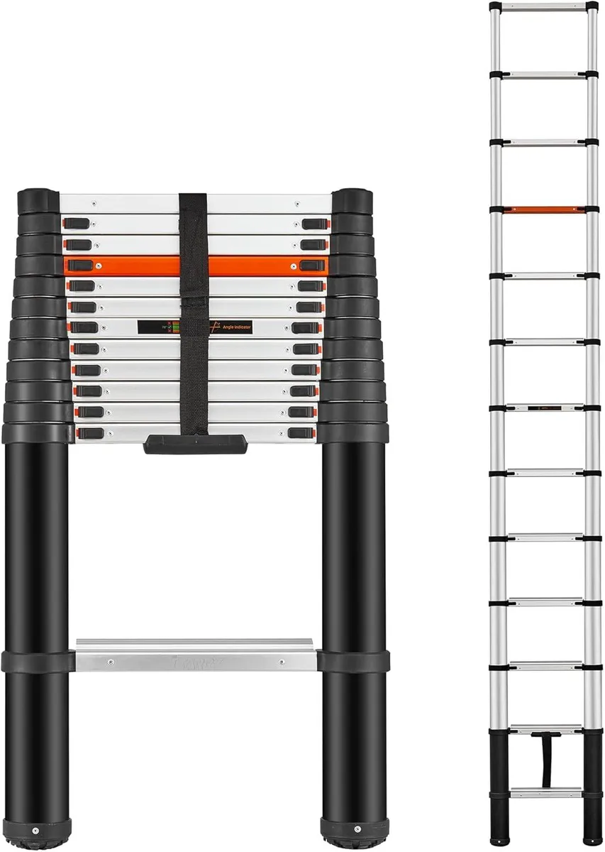 Silver aluminium telescopic ladder collapsed with carry handle and strap