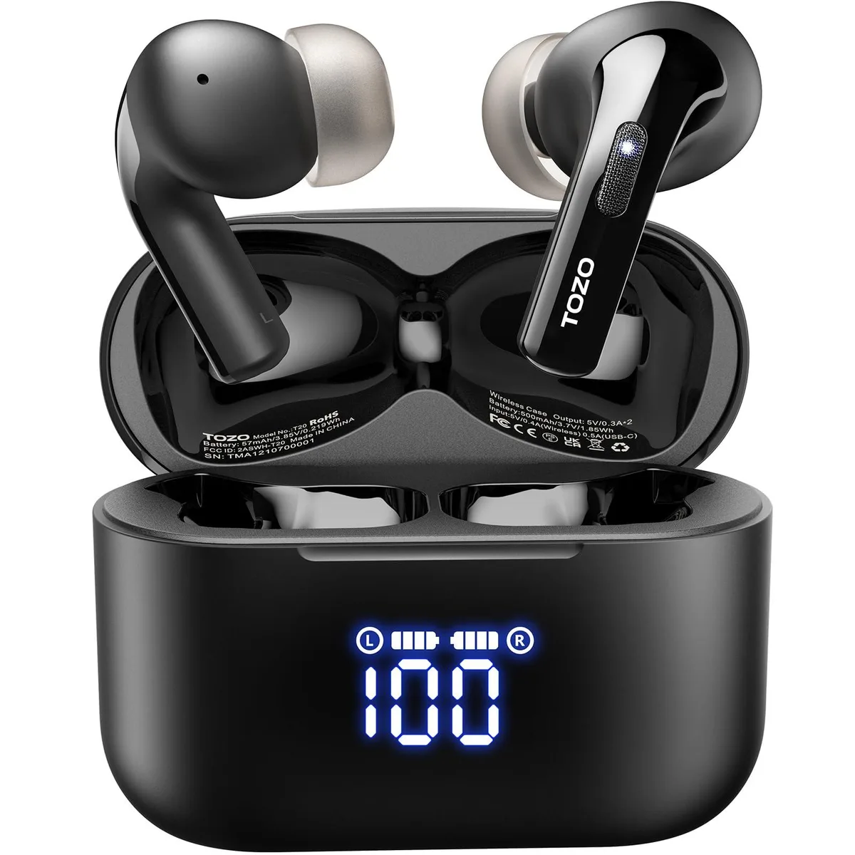 TOZO Store TOZO T20 Wireless Earbuds Bluetooth 5.3 Black — product photo