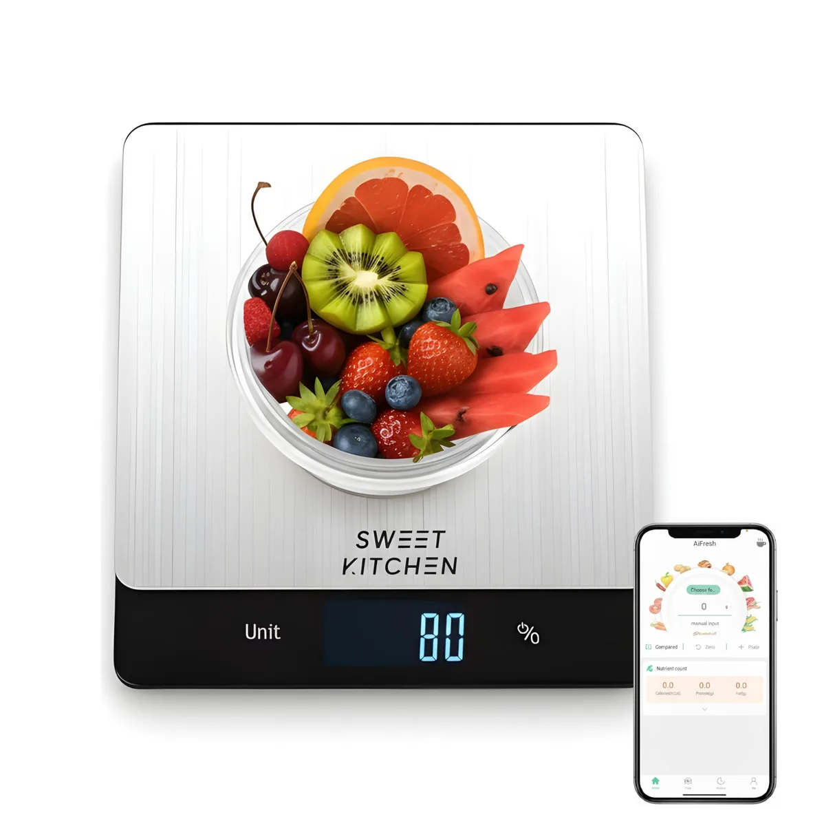 Small rectangular digital food scale with stainless steel platform and inverse LCD display