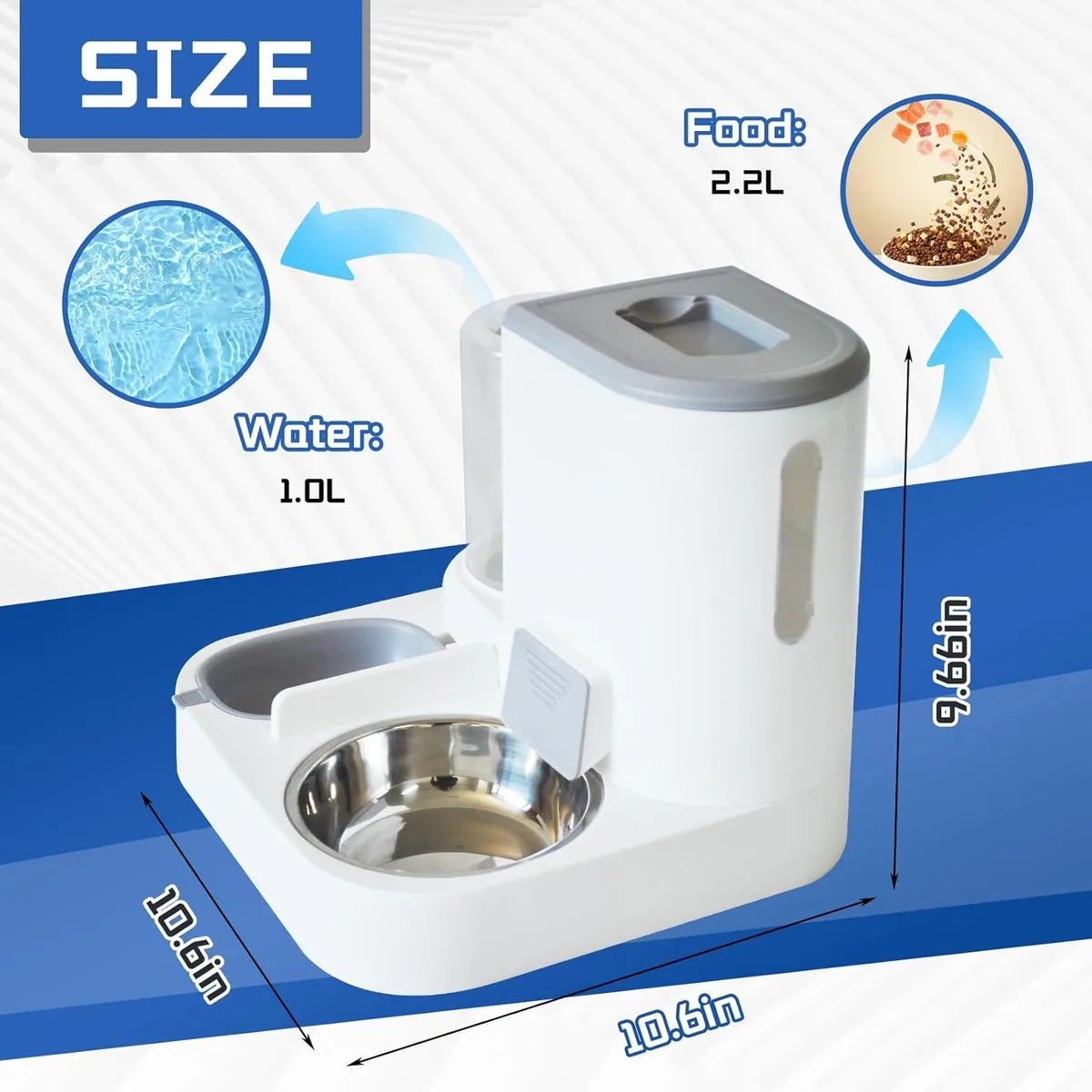 Gray two-in-one gravity pet feeder and water dispenser with stainless steel bowl