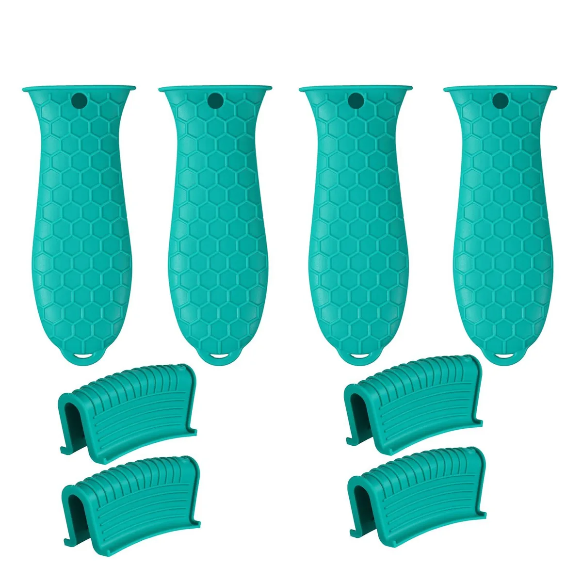Eight lake-blue silicone handle covers and assist grips with textured non-slip surface and hanging holes