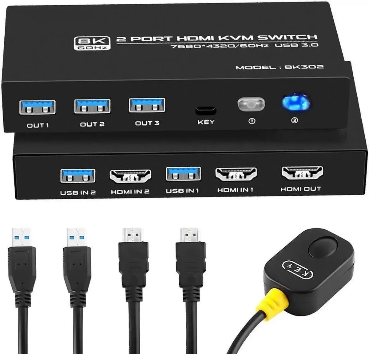 Vszerda Vszerda 2-Port HDMI KVM Switch 8K 60Hz with 2 HDMI 2.1 &amp; 2 USB 3.0 Cables — product photo