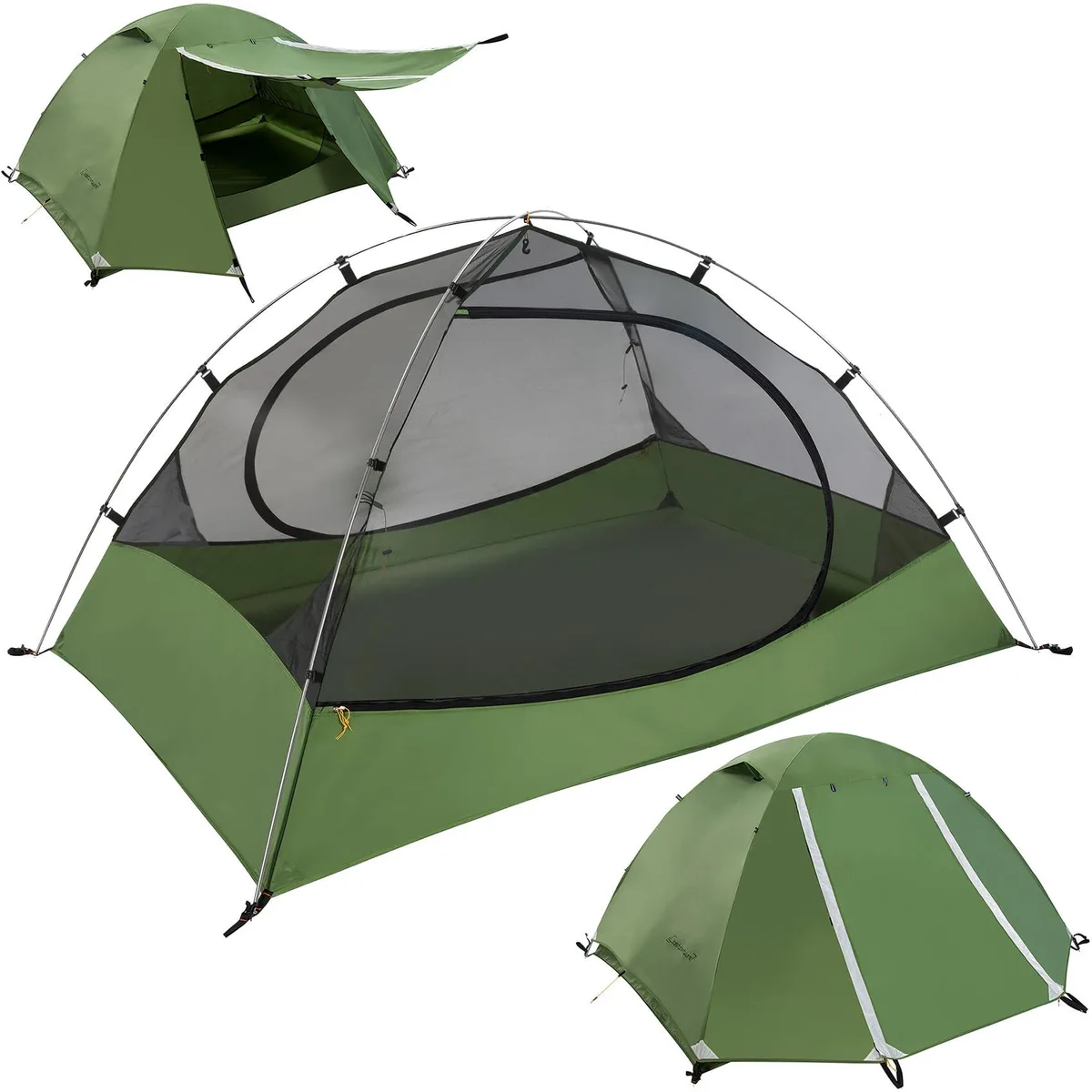 Lightweight two-person tent in grey and orange, freestanding with two poles and dual vestibules