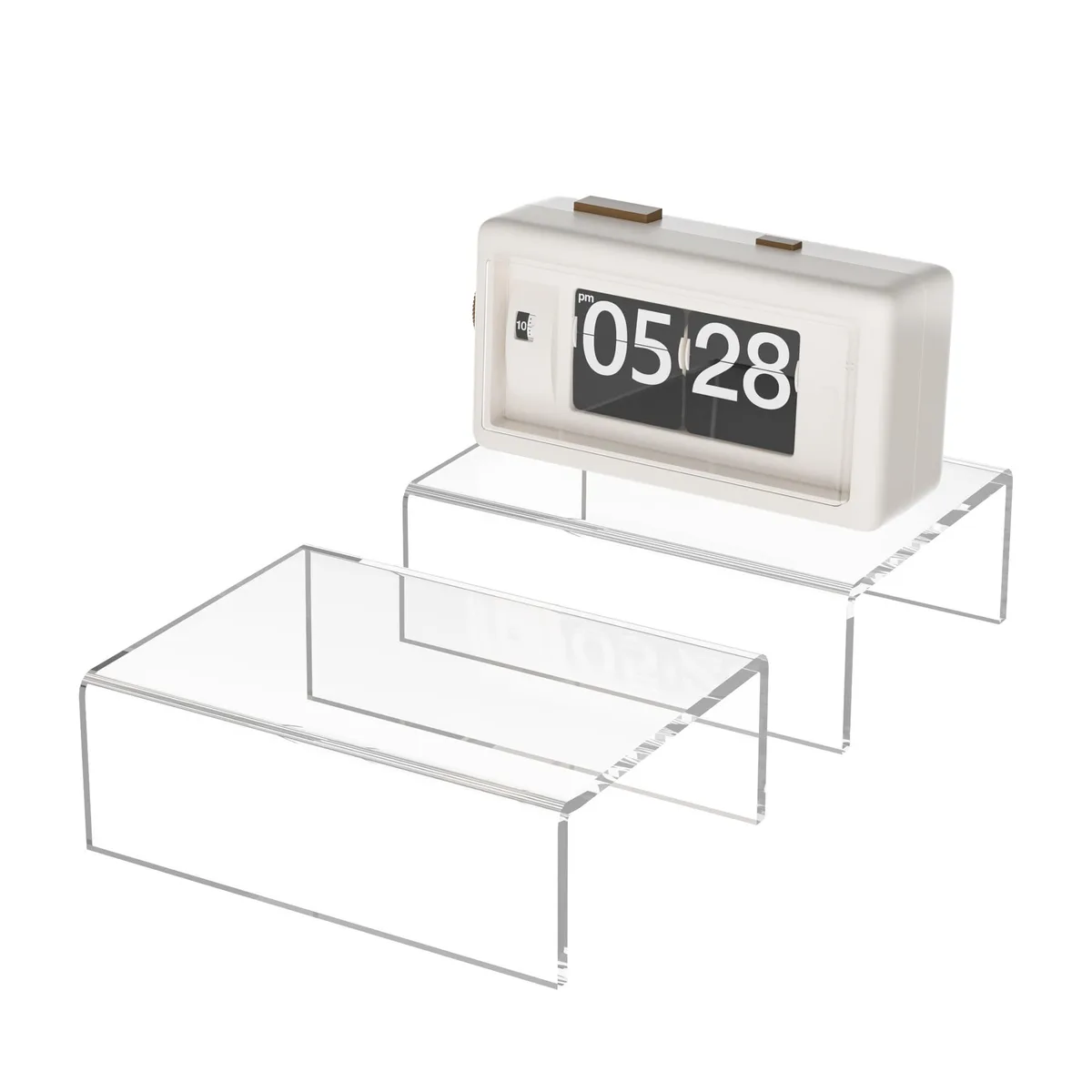 Two clear acrylic semicircular risers 6 by 4.3 by 2 inches
