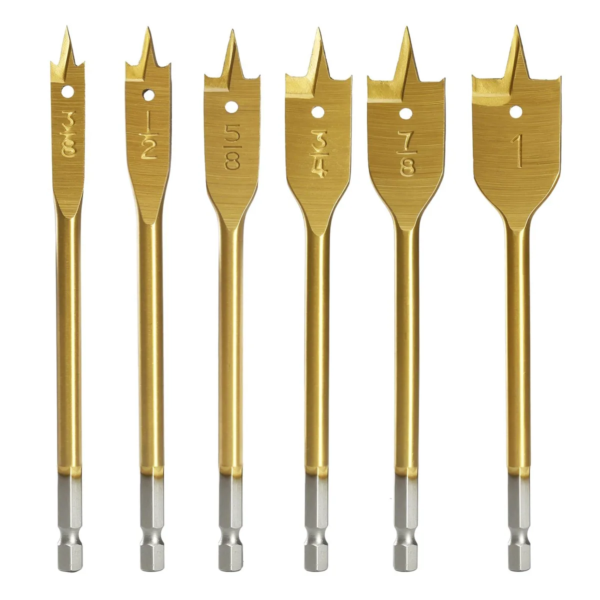 Six gold titanium-coated flat paddle spade bits on a surface