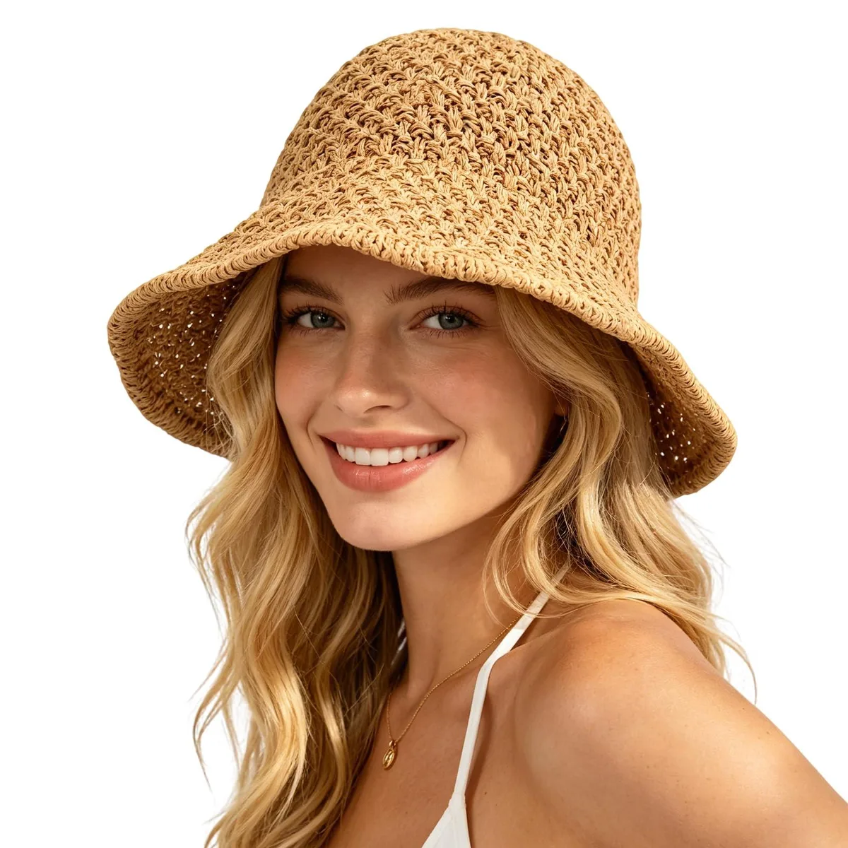 Khaki bucket hat with wire-edged brim and drawstring