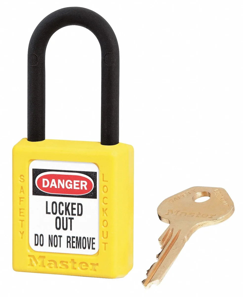 Six yellow plastic padlocks with plastic shackles keyed alike