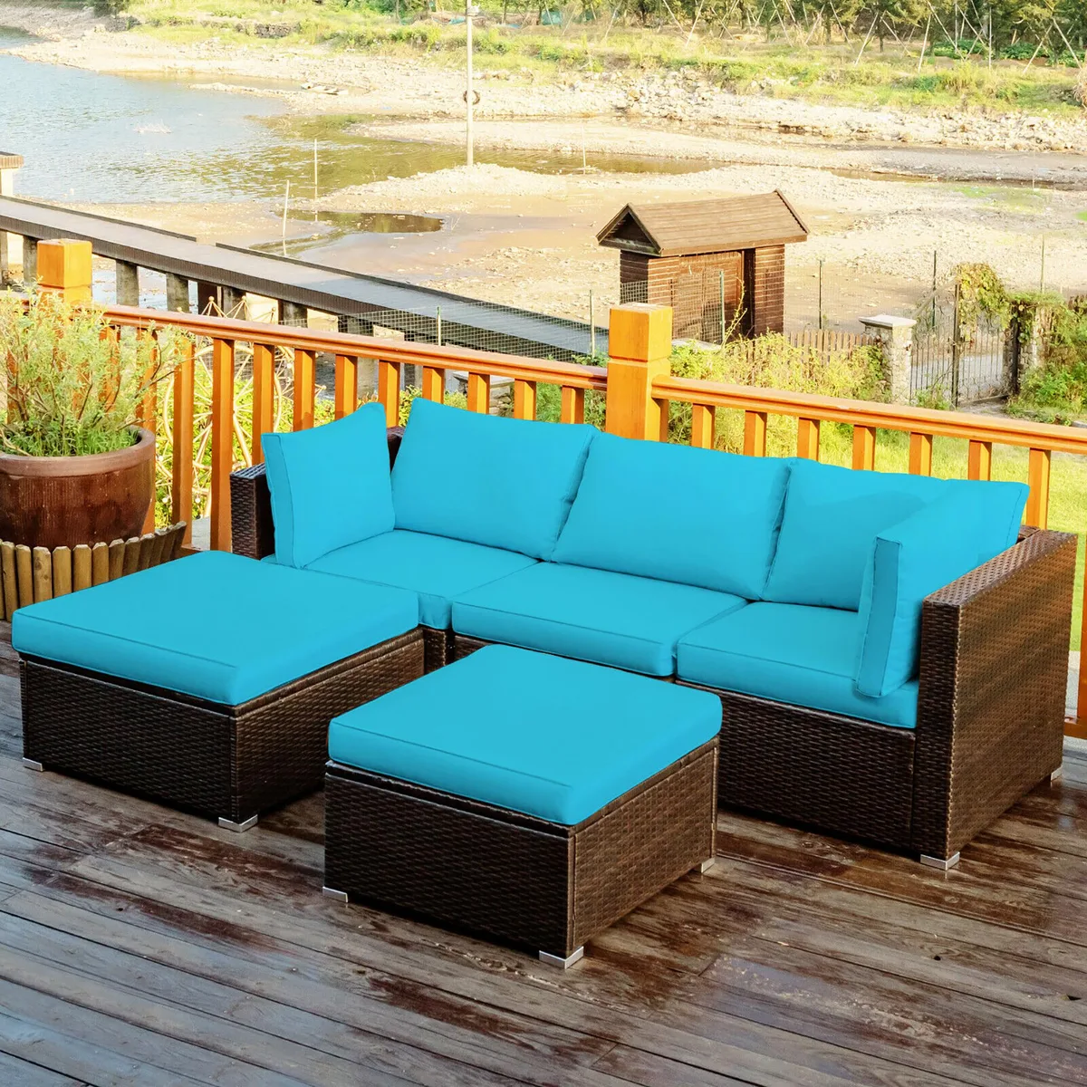 Five-piece turquoise rattan patio sectional with steel frame and cushions