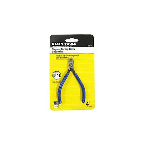 Small blue steel diagonal cutting pliers with plastic dipped handles and pointed nose