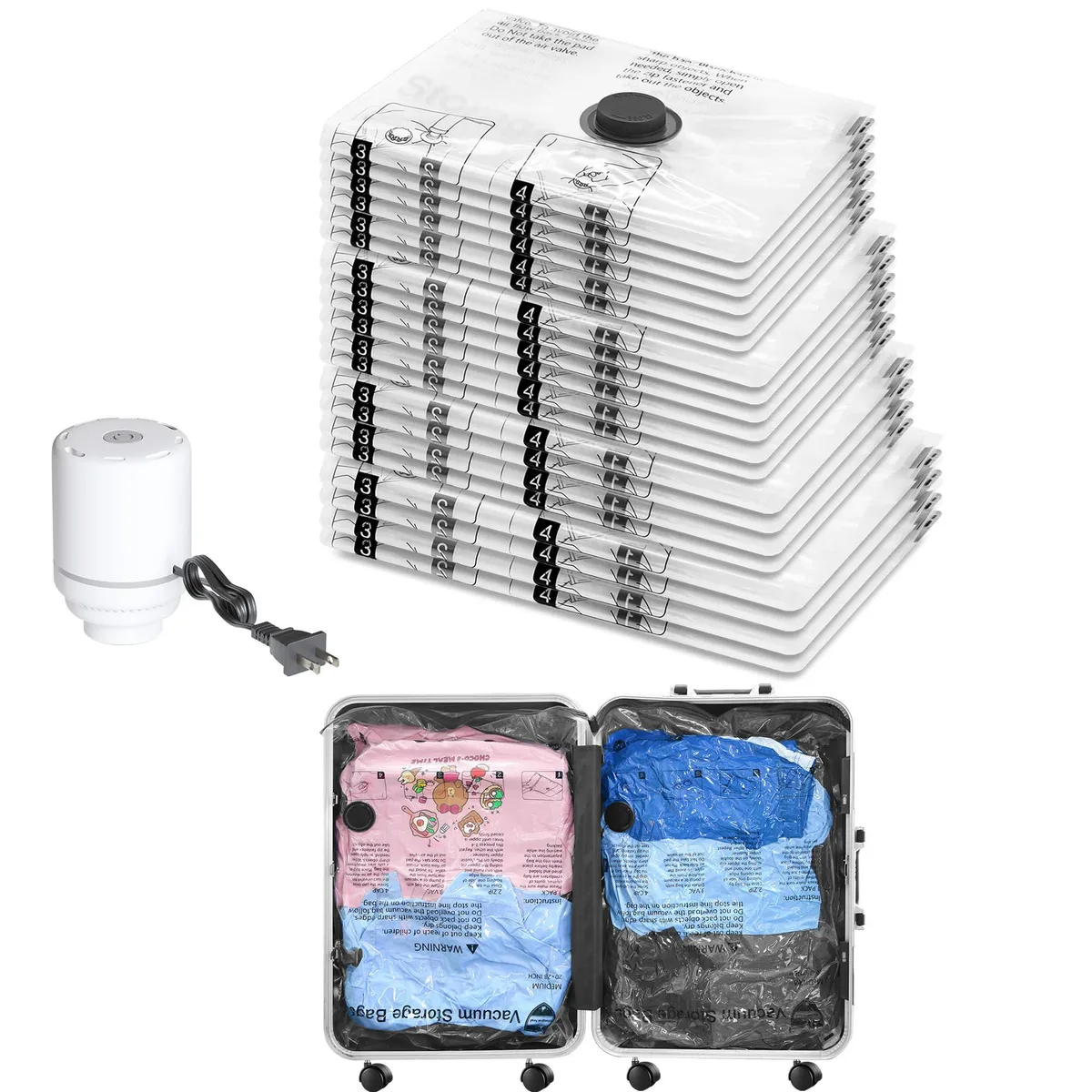 Clear plastic vacuum storage bags in four sizes with electric pump, packed in rectangular box