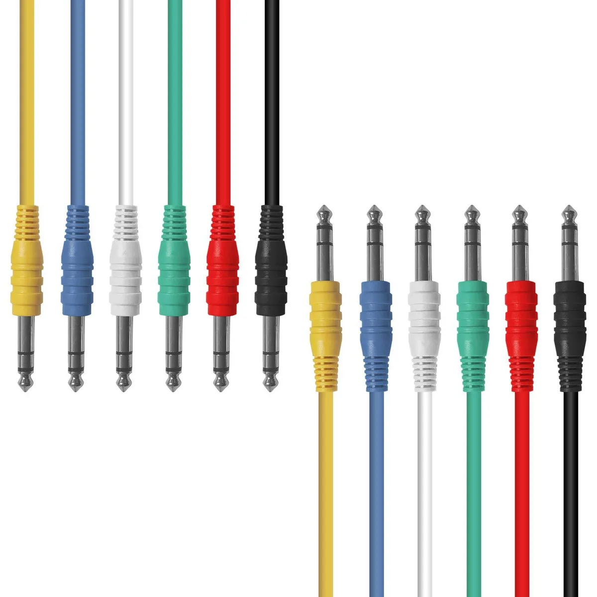Six 1.5 ft multi-color 1/4 inch TRS patch cables with nickel-plated plugs