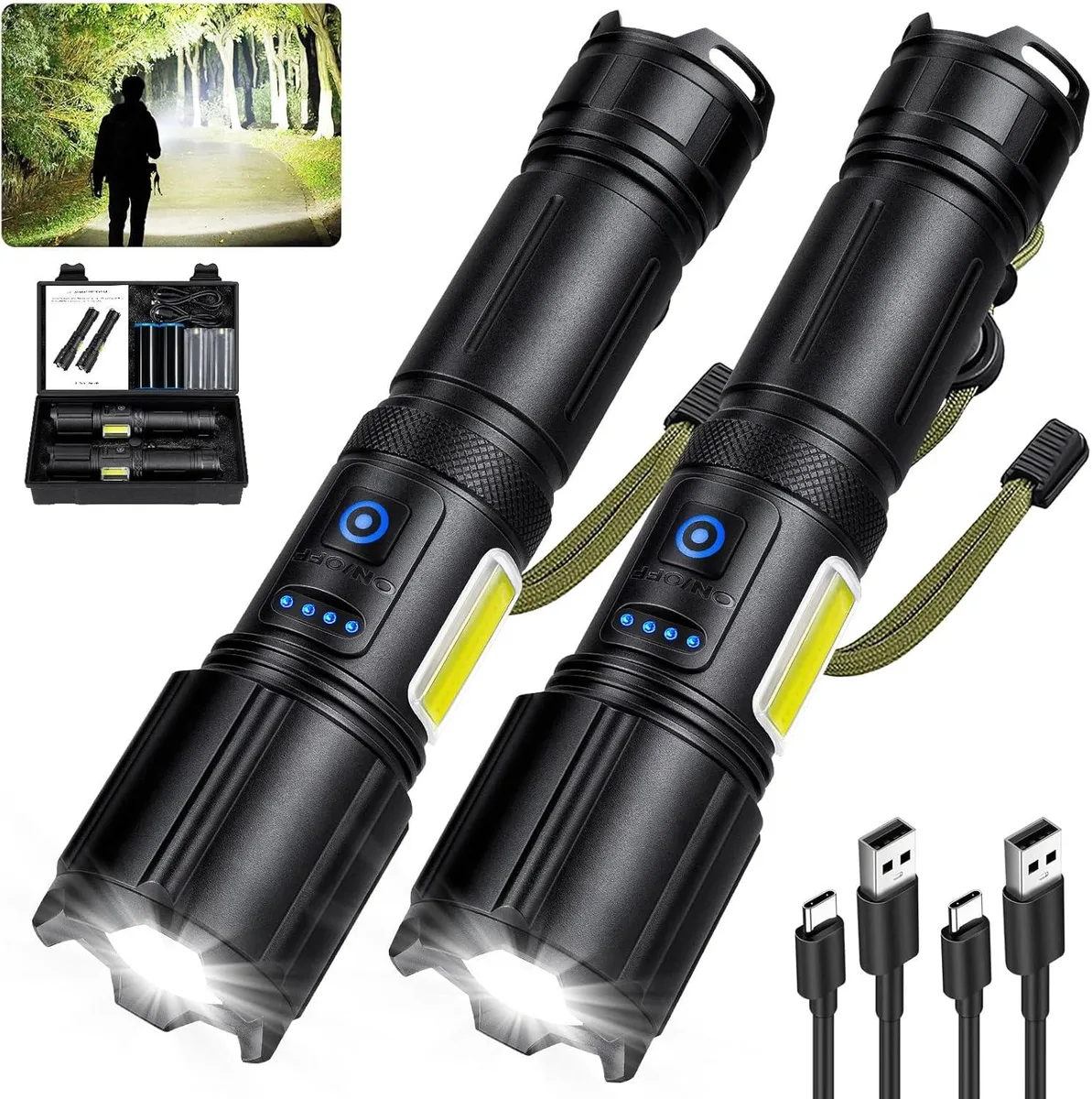 Two black cylindrical rechargeable flashlights with side COB panels, sold as a pair