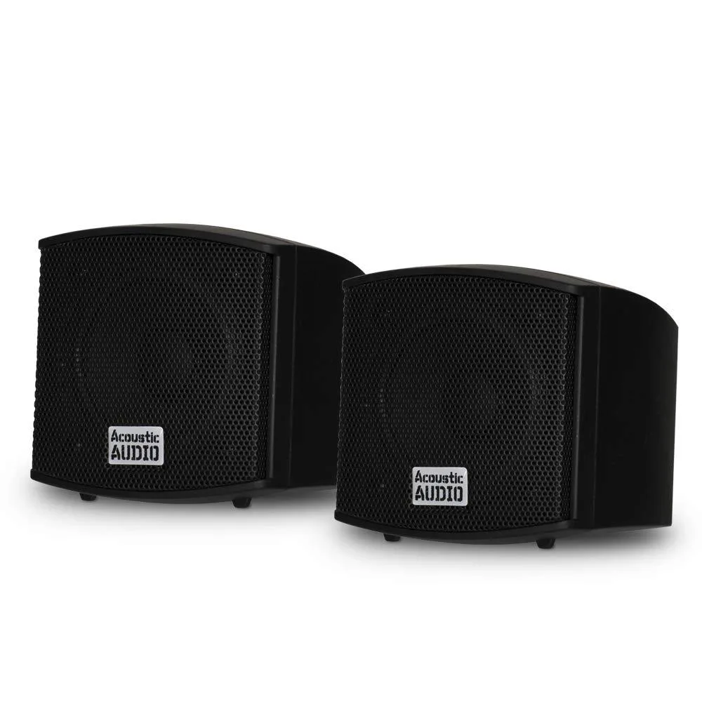 Pair of black ABS bookshelf speakers with swivel wall mounts