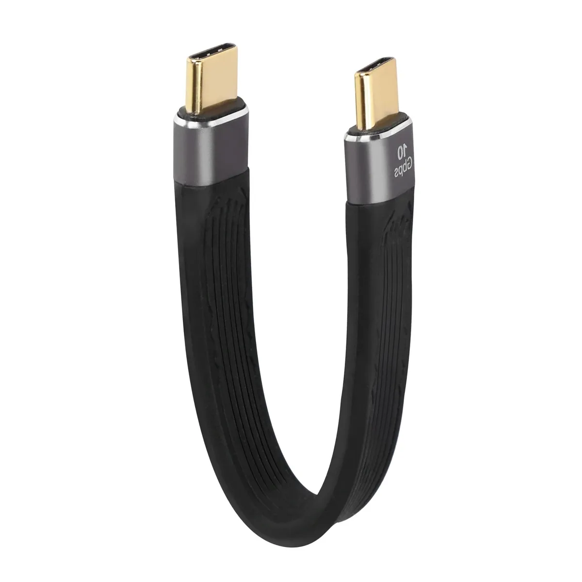 Short black flat USB-C to USB-C cable with aluminum connectors, 5.11 inches long