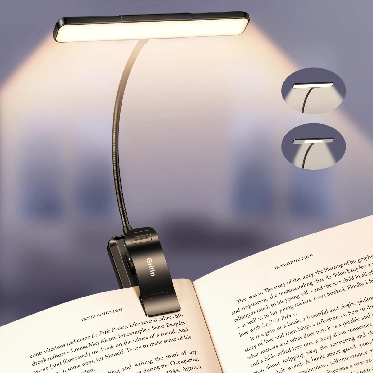 A clip-on book light with 32 LEDs and a built-in 1500mAh battery