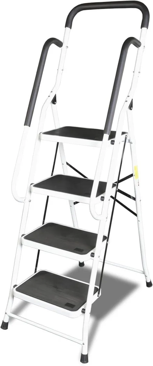 Silver four-step folding ladder with black handrails, tool bag and wide anti-slip pedals