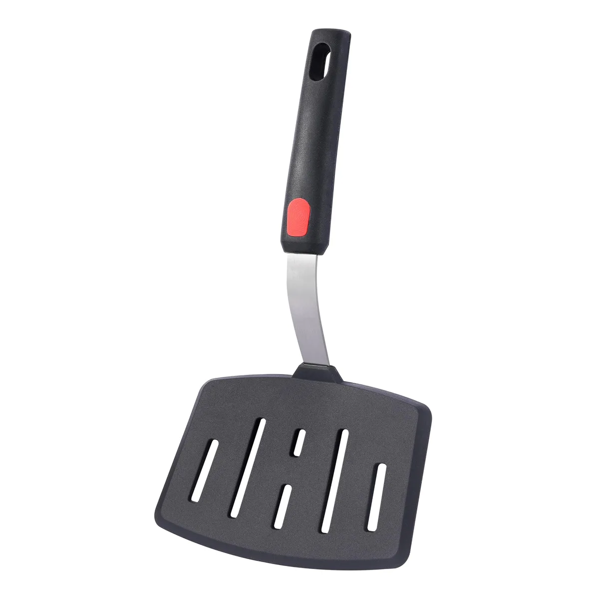 Black silicone slotted turner with red accent handle, 11 in long